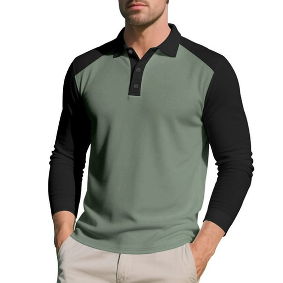 Jinhomg Men's Casual Polo Shirt Long Sleeve Classic Fit Cotton Shirts Colorblock Button Collared Work Tee Blouse Lightweight Golf Shirt Army Green,XXL