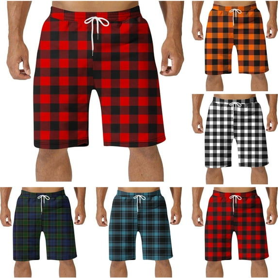 Jinhomg Men's Casual Shorts 2025 Trendy Plaid Print Everyday Pants Baggy Comfy Elastic High Waisted Pajama Short Pant with Drawstring Orange XXXXXL
