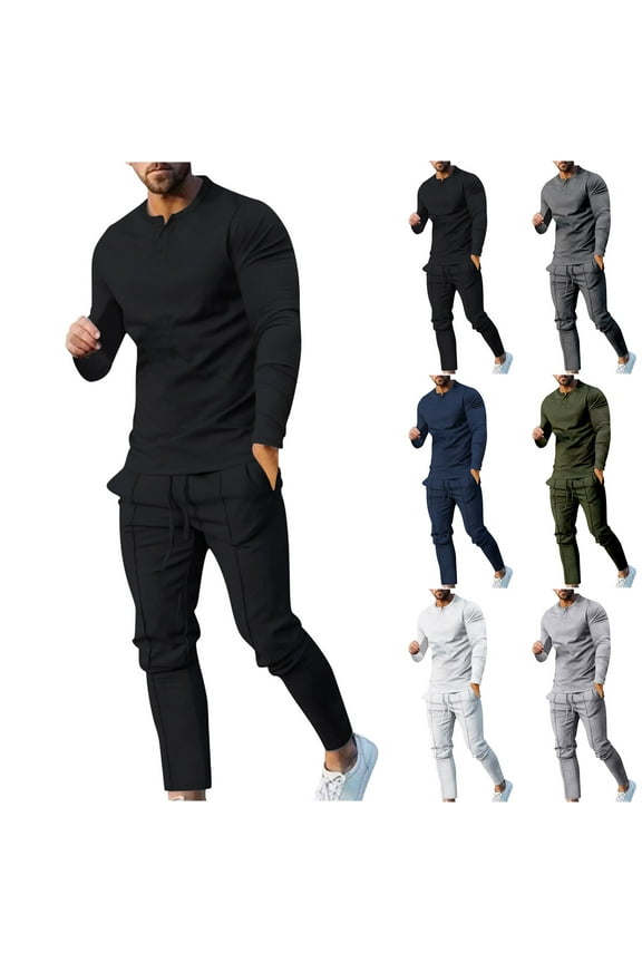 Men's Casual Track Suits Big and Tall Comfy Long Sleeve Crew Neck Sweatshirts with Elastic Drawstring Waist Joggers 2 Piece Basic Solid Sweatsuit Todays Black XXXL
