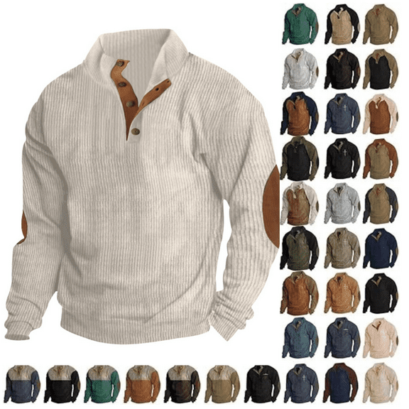 Jinhomg Men's Corduroy Sweatshirt Long Sleeve Stand Collar Button Up Pullover Casual Polo Sweater Shirts with Elbow Patches Beige,L