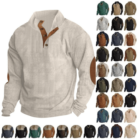 Jinhomg Men's Corduroy Sweatshirt Long Sleeve Stand Collar Button Up Pullover Casual Polo Sweater Shirts with Elbow Patches Brown,XXL
