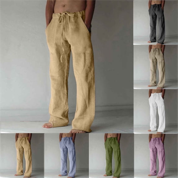 Jinhomg Men's Cotton Linen Pants Casual Elastic Drawstring Waist Beach Pants Baggy Comfy Straight Leg Yoga Pants Lightweight Summer Vacation Pants S