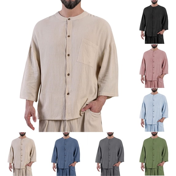 Jinhomg Men's Cotton Linen Short Sleeve Shirts Casual Button Down Lapel Collar Shirt Basic Solid Summer Beach Tops with Pocket Sales Today Clearance Blue S