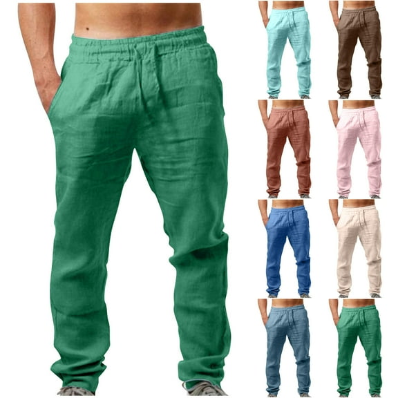 Jinhomg Men's Cotton Linen Trousers Casual Solid Elastic Waist Yoga Pants Breathable Comfy Straight Leg Lounge Pants Quick Dry Sportswear Winter Saving XXXL