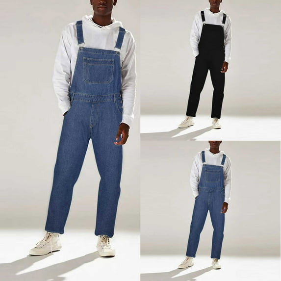 Jinhomg Men's Denim Bib Overalls Relaxed Fit Adjustable Straps Jumpsuit Plain Straight Leg Jean Romper with Multi Pockets Male Spring Summer Workwear Dark Blue XL