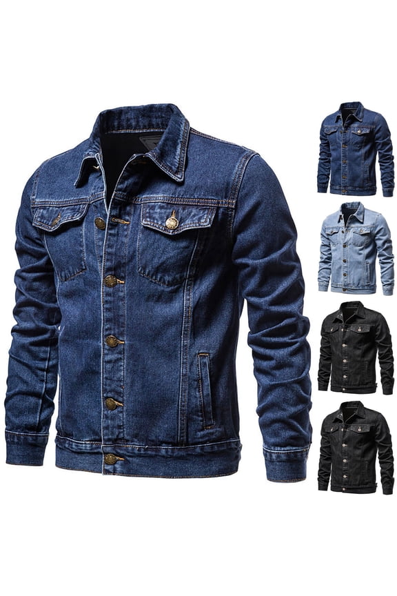 Men's Denim Jacket Washed Distressed Flex Stretch Casual Jeans Coat Solid Color Button Slim Fashion Work Jackets with Pockets Blue,L