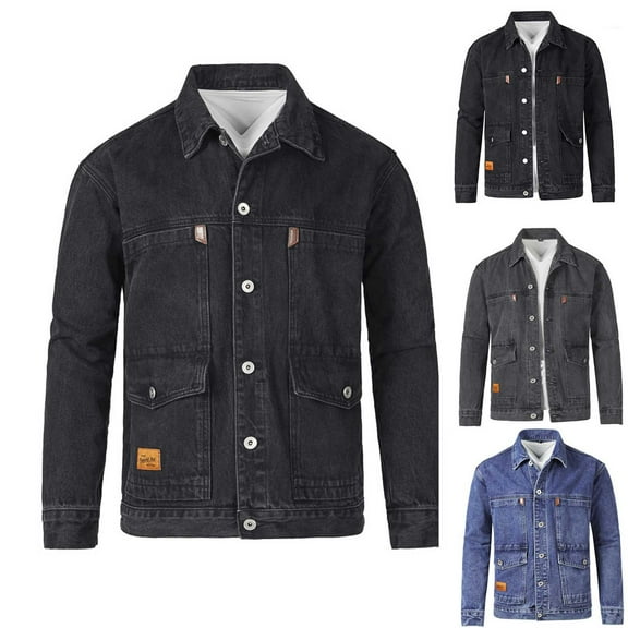 Jinhomg Men's Denim Jacket Washed Distressed Flex Stretch Casual Jeans Coat Solid Color Button Slim Fashion Work Jackets with Pockets Blue,L
