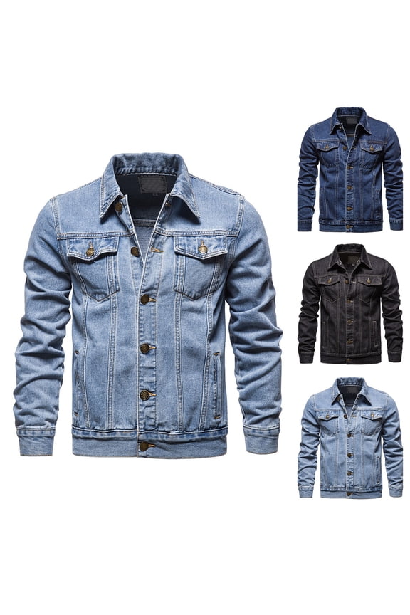 Men's Denim Jacket Washed Distressed Flex Stretch Casual Jeans Coat Solid Color Button Slim Fashion Work Jackets with Pockets Blue,M