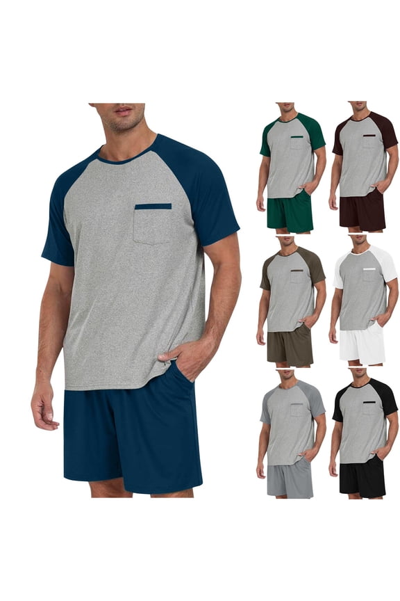 Men's Lightweight Pajama Sets Casual Raglan Sleeve Crew Neck T-Shirts with Elastic Waist Short Pants 2 Piece Big and Tall 5Xl Summer Lounge Sets Brown XXXXXL