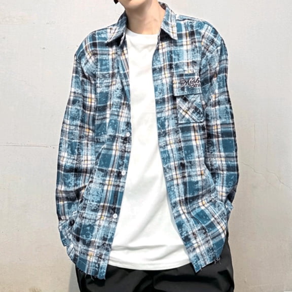 Jinhomg Men's Lightweight Spring Shirts Vintage Buffalo Plaid Print Casual Shirt Comfortable Long Sleeve Button Down Shirts with Pocket Blue L