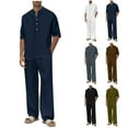 thumbnail image 1 of Jinhomg Men's Linen 2 Piece Outfits Long Sleeve Button Henley Shirts Casual Drawstring Beach Pants Set With Pockets Yoga Outfits, 1 of 6