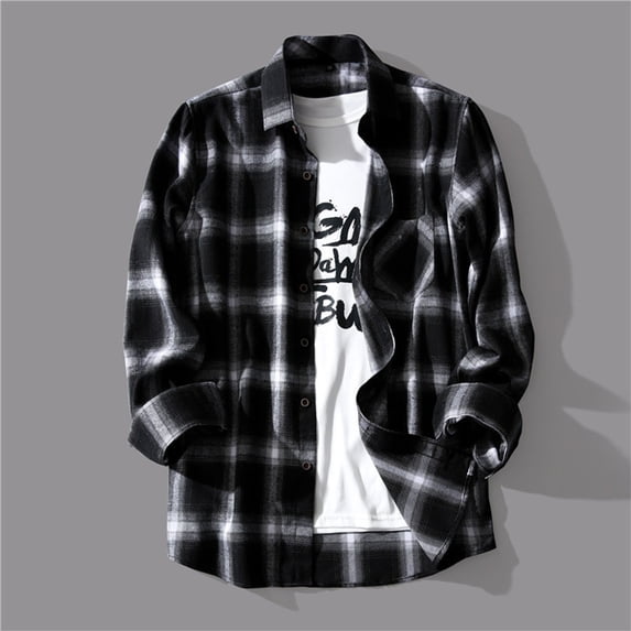 Jinhomg Men's Long Sleeve Button Down Shirt Big And Tall Casual Plaid Fall Clothes Vintage Classic Checked Work Dress Black,XXL