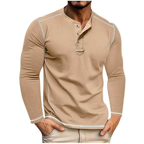 Jinhomg Men's Long Sleeve Shirts Henley Vintage Casual Button T-Shirts Cotton Colorblock Basic Tee Shirts Slim Fit Raglan Sleeve T Shirts Khaki,M