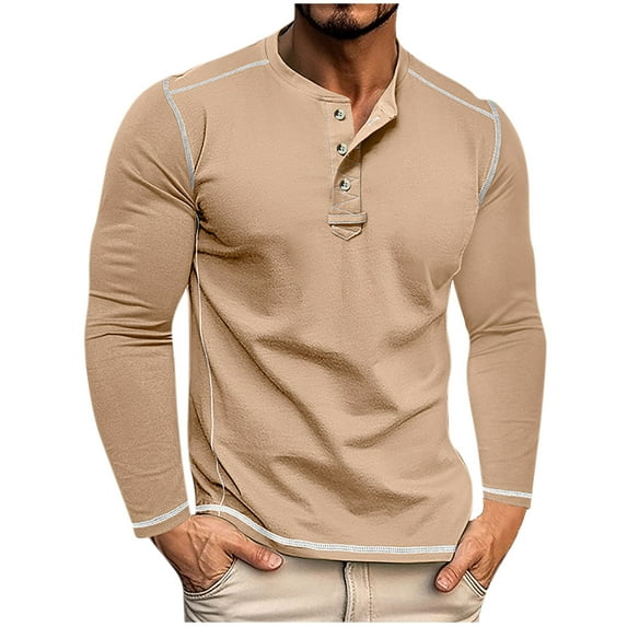 Jinhomg Men's Long Sleeve Shirts Henley Vintage Casual Button T-Shirts Cotton Colorblock Basic Tee Shirts Slim Fit Raglan Sleeve T Shirts Khaki,XXXL