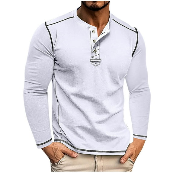 Jinhomg Men's Long Sleeve Shirts Henley Vintage Casual Button T-Shirts Cotton Colorblock Basic Tee Shirts Slim Fit Raglan Sleeve T Shirts White,XL