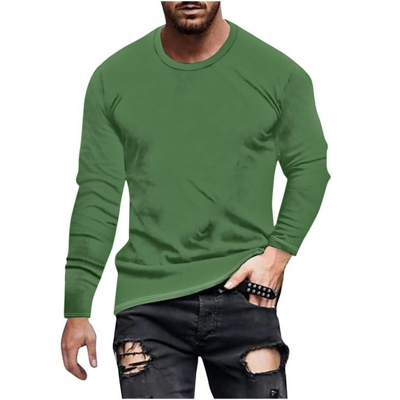 Jinhomg Men's Long Sleeve Tee Shirts Big and Tall Crewneck Cotton Blend Workout Tee Casual Classic Fit Comfortable Athletic Shirts Green,S