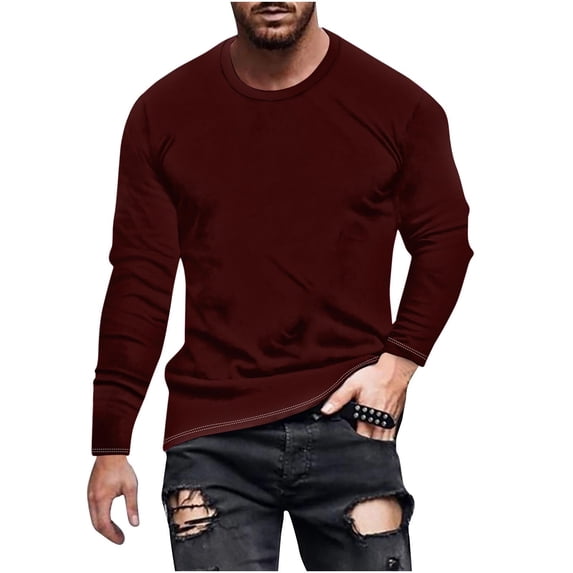 Jinhomg Men's Long Sleeve Tee Shirts Big and Tall Crewneck Cotton Blend Workout Tee Casual Classic Fit Comfortable Athletic Shirts Wine,XXXL