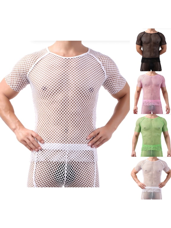 Men's Mesh Fishnet T Shirt 2025 Fashion Hollow Out Undershirt Lightweight Breathable Short Sleeve See Through Party Tops Spring Saving White L