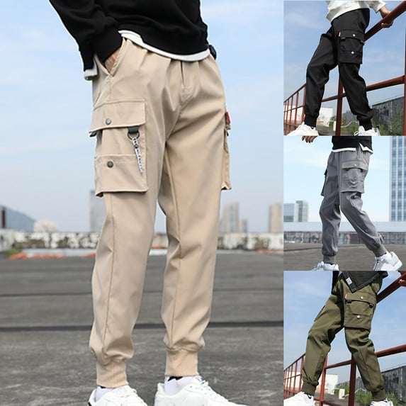 Jinhomg Men's Relaxed Fit Cargo Pants Big and Tall Comfy Elastic Drawstring Waist Street Pants Lightweight Casual Solid Outdoor Pants with Pockets Black XXL