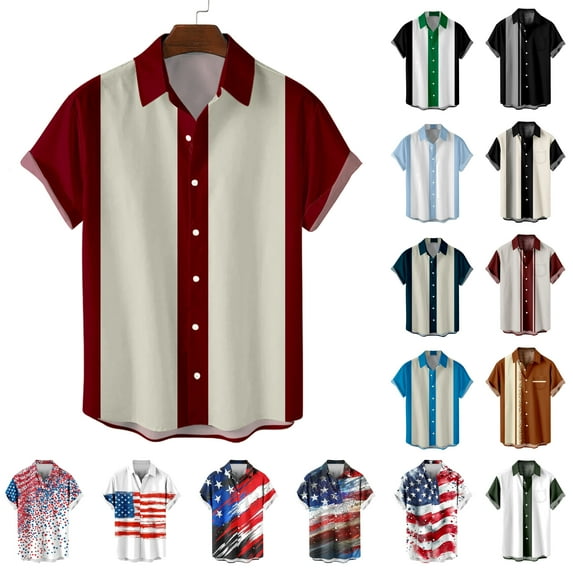 Jinhomg Men's Retro Bowling Shirts 50S Vintage Button Down Lapel Collar Shirts Casual Loose Color Block Short Sleeve Hawaiian Shirts Fall Saving Sky Blue M