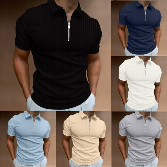 Jinhomg Men's Short Sleeve Polos Shirt Dressy Casual Quarter Zip Business Tops Big and Tall Comfort Ribbed Workout Tee Shirts Daily Wear Seasonal Sale Black XXL