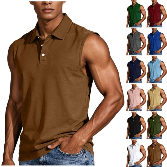Jinhomg Men's Sleeveless Polos Shirt Casual Button Down Golf Tank Top with Pocket Collared Breathable Summer Muscle Tee Blue,XXXL