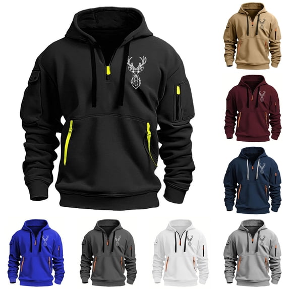 Jinhomg Men's Spring Pullover Sweatshirt Big and Tall Comfy Quarter Zip Military Hoodie Casual Loose Graphic Long Sleeve Workout Tops with Pockets Fall Saving Khaki XXXL