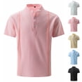 thumbnail image 1 of Jinhomg Men's Summer Lightweight Cotton Linen Shirts Casual Short Sleeve Breathable Comfy Banded Collar Henley for Beach Vacation Sales Today Clearance Men Pink M, 1 of 3