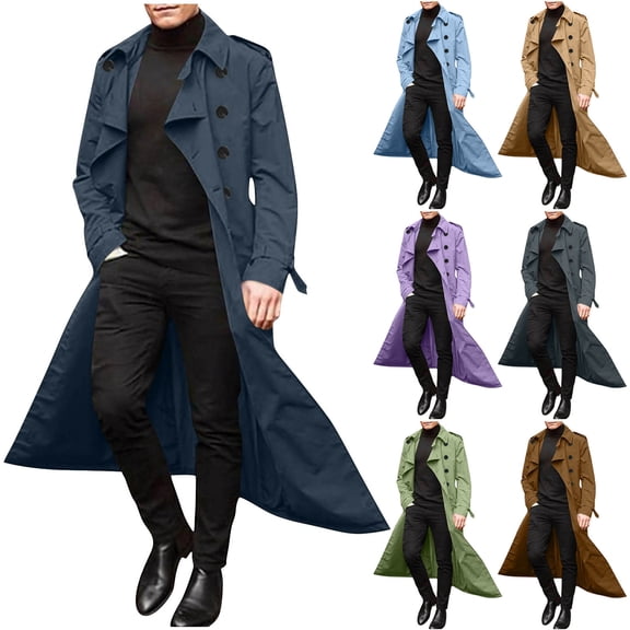 Jinhomg Men's Trench Coat Long Casual Solid Notched Lapel Casual Doubler-Breasted Windbreaker Fall Classic Business Jacket Overcoat Coffee,XL