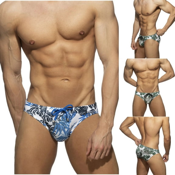 Jinhomg Men's Underwear Swim Briefs Breathable Comfy Low-Rise Swimsuits Lightweight Casual Palm Tree Print Summer Beach Swimwear with Drawstring Winter Saving Green M