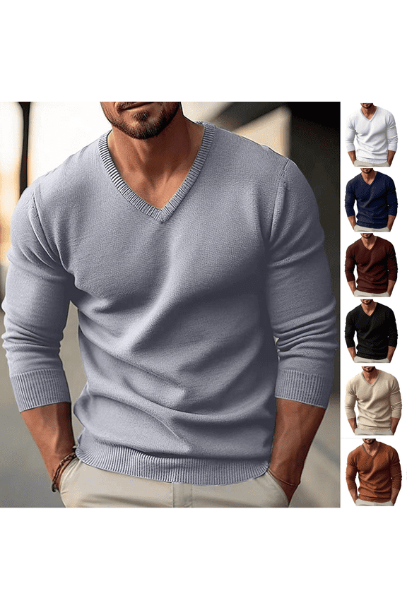 Men's V Neck Pullover Sweater Regular Fit Long Sleeve Knit Top Casual Solid Color Knitted Fashion Basic Sweaters for Men Orange,L