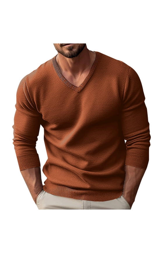 Men's V Neck Pullover Sweater Regular Fit Long Sleeve Knit Top Casual Solid Color Knitted Fashion Basic Sweaters for Men Orange,L