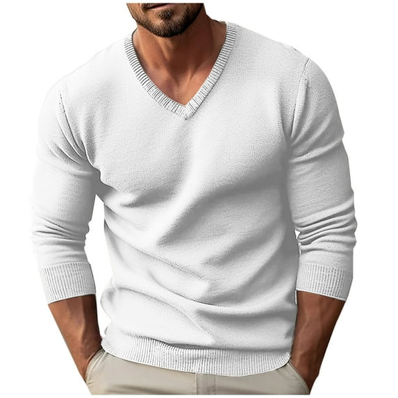 Jinhomg Men's V Neck Pullover Sweater Regular Fit Long Sleeve Knit Top Casual Solid Color Knitted Fashion Basic Sweaters for Men White,XXL