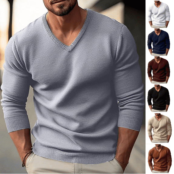Jinhomg Men's V Neck Pullover Sweater Regular Fit Long Sleeve Knit Top Casual Solid Color Knitted Fashion Basic Sweaters for Men White,XXL