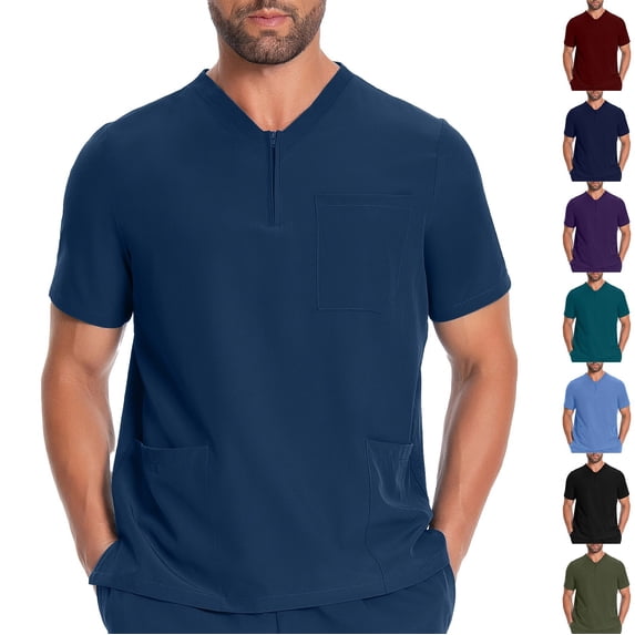 Jinhomg Men's V-Neck Scrub Top with Zipper Short Sleeve Workwear Breathable Comfortable Nursing Tops Work Medical Uniform Black,M