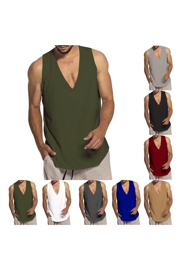 Men's V Neck Tank Top Casual Sleeveless Tank Shirts Lightweight Comfy Summer Beach Tops Spring Summer Vacation Undershirt Khaki M
