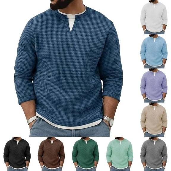Jinhomg Men's Waffle Sweatshirt Imitation Two-Piece Pullover Tops Knit Crewneck Long Sleeve Dressy Sweater Warm Cozy V Neck Casual Shirts