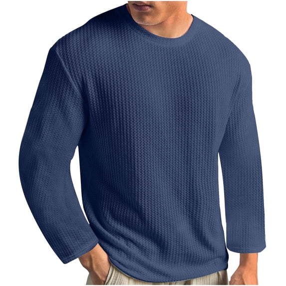Jinhomg Men's Waffle T Shirts Long Sleeve Crewneck Basic Casual Loose Tops Stretch Textured Relaxed Fitted Knit T-Shirts Dark Blue,XL