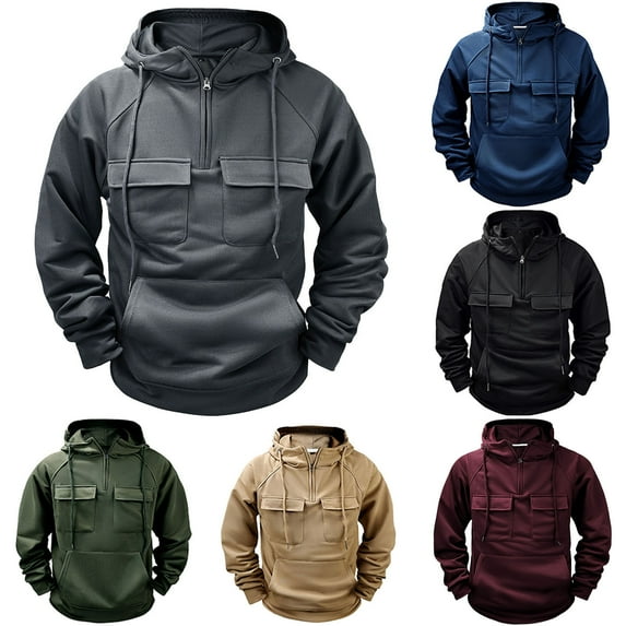 Jinhomg Men's Winter Outdoor Sweatshirt Thermal Comfy Fleece Lined Cargo Hoodies Big and Tall Casual Solid Long Sleeve Hooded Sweatshirt with Multi Pockets Navy L