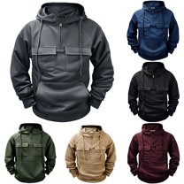 Jinhomg Men's Winter Outdoor Sweatshirt Thermal Comfy Fleece Lined Cargo Hoodies Big and Tall Casual Solid Long Sleeve Hooded Sweatshirt with Multi Pockets Army Green L