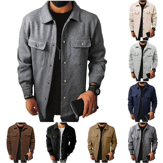 Jinhomg Men's Wool Blend Jackets Classic Laple Collar Front Buttons Cardigan Jacket Lightweight Causal Fall Coat with Chest Pockets Black,XL