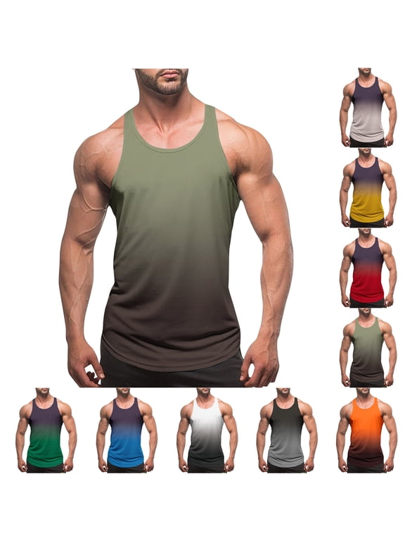 Men's Workout Stringer Tank Top Muscle Fit Y-Back Tank Shirts Trendy Gradient Color Sleeveless Bodybuilding Undershirts Gym Sportswear Green XXXL