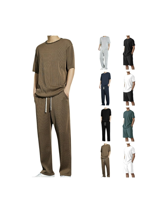 Mens 2 Piece Summer Sets Big and Tall Comfy Long Sleeve Crew Neck Lounge Tops with Elastic Drawstring Waist Pants Loose Fit Pajamas Black XXXL