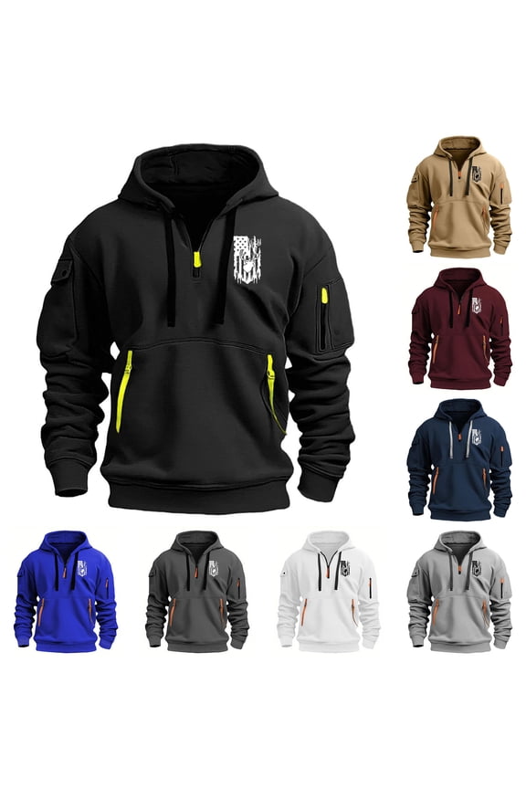 Mens American Flag Hoodie Big and Tall Comfy Quarter Zip Military Sweatshirts Loose Fit Long Sleeve Workout Pullover with Multi Pockets Women Black XL