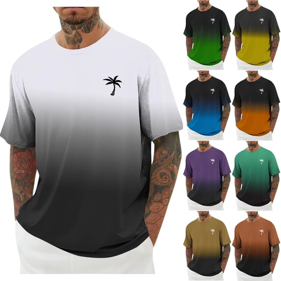 Jinhomg Mens Athletic Fit T Shirts 2025 Trendy Gradient Palm Tree Graphic Tees Big and Tall Comfy Short Sleeve Drop Shoulder Tops Summer Holiday Vacation Clothes 90% off Clearance Sale Blue XXXXXL