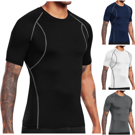 Jinhomg Mens Athletic T-Shirts Stretchy Comfy Short Sleeve Compression Shirt Slim Fit Casual Solid Crew Neck Gym Workout Undershirts Sales Today Navy M