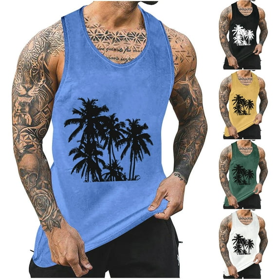 Jinhomg Mens Beach Vacation Tank Tops Trendy Hawaiian Coconut Print Tank Tops Big and Tall Comfy Sleeveless Crew Neck Undershirts Spring Saving White S
