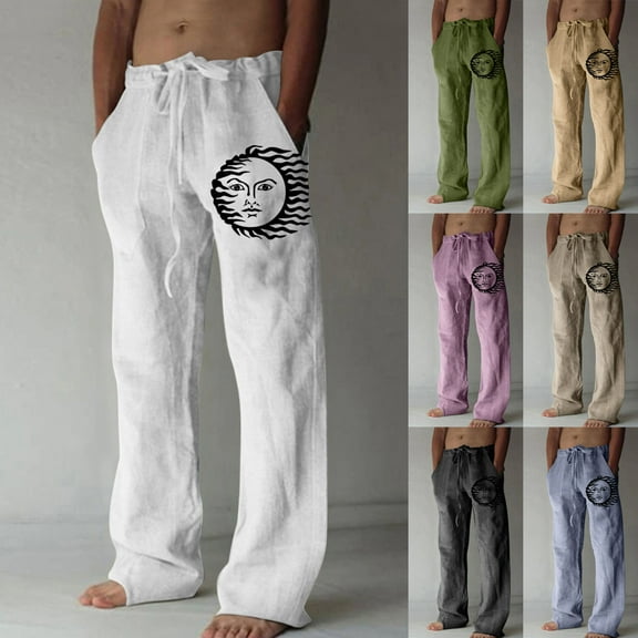 Jinhomg Mens Big and Tall Casual Pants Novelty Funny Sun Graphic Beach Pants Lightweight Comfy Elastic Waist Wide Leg Pants with Pockets XXL