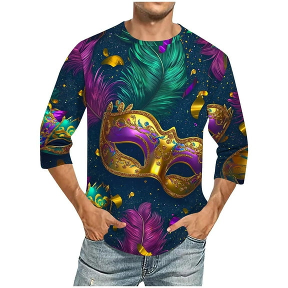 Jinhomg Mens Big and Tall Holiday T Shirts Fashion Mardi Gras Themed Graphic Tees Casual Loose 3/4 Sleeve Carnival Party Tops Funny Celebration T-Shirt Seasonal Sale Multicolor L