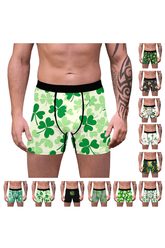 Mens Boxer Briefs Funny Print Comfortable Underwear Fashion Stretchy Shorts Mid Waist Underwear St Patricks Day Gifts for Men Green,XL